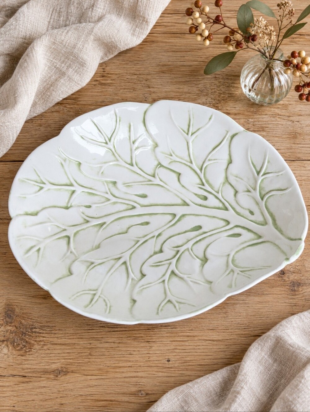 Vintage Cabbage Leaf Ceramic Platter White Green 11” Signed J. Stelmach 1979